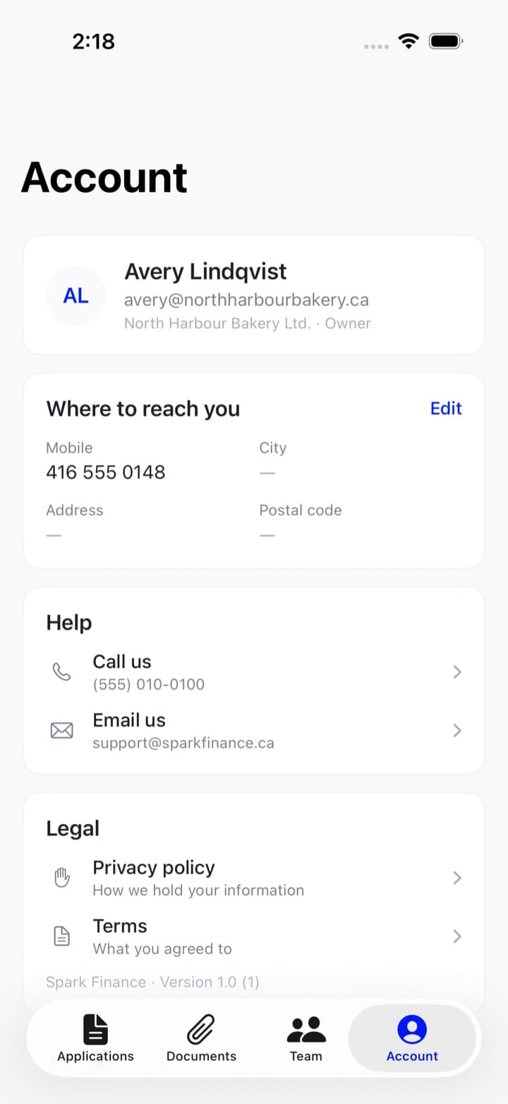 The Account tab showing name, email, team and role, and a where to reach you card with mobile and city.
