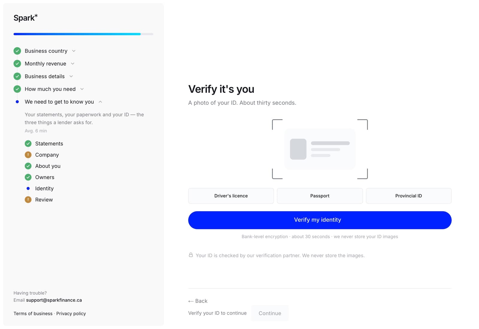 The verify your identity step showing a scan frame, three document types — driver's licence, passport, provincial ID — and a Verify my identity button.