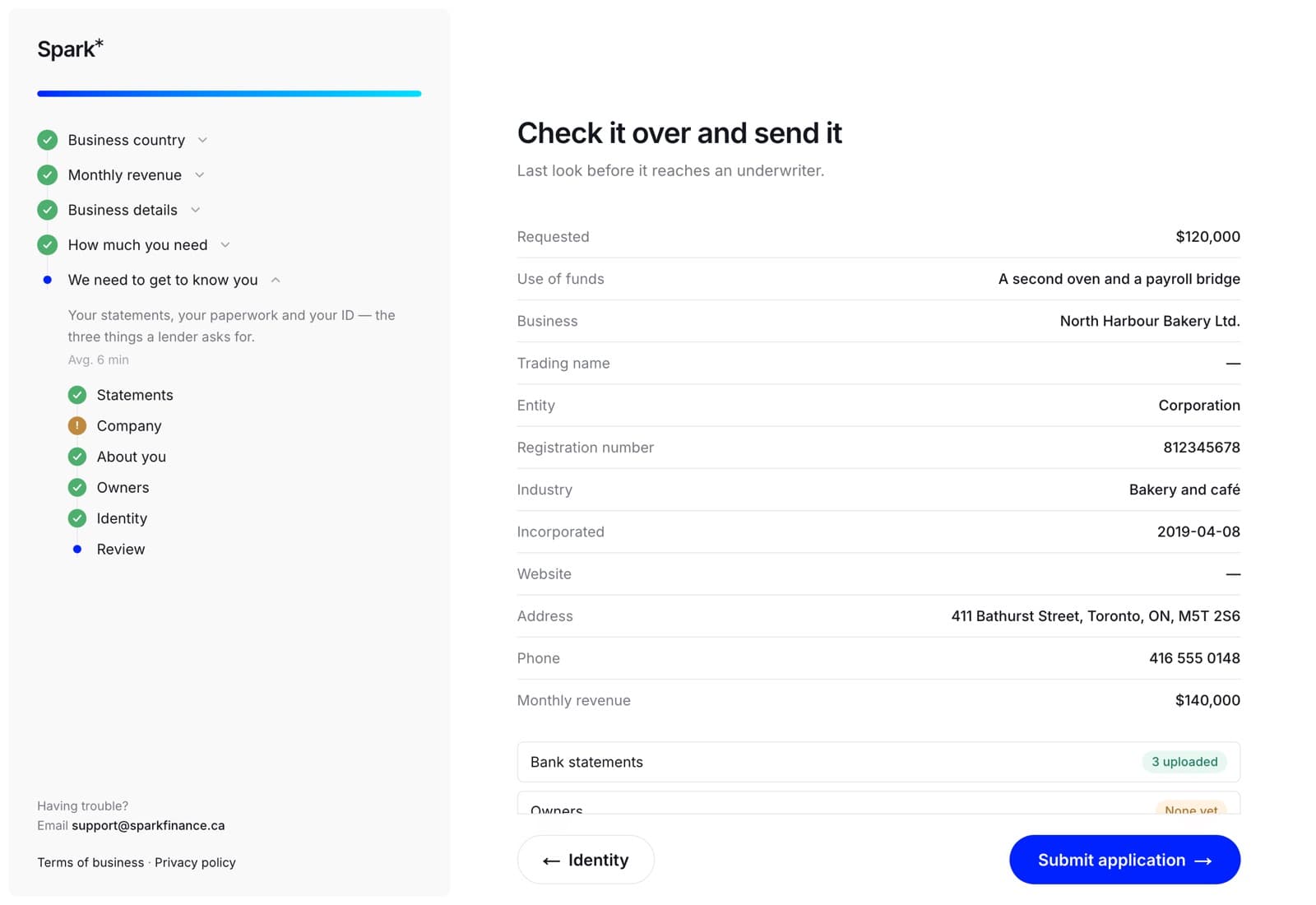 The review step listing the requested amount, use of funds, business details, address, phone and monthly revenue, with a Submit application button at the bottom.