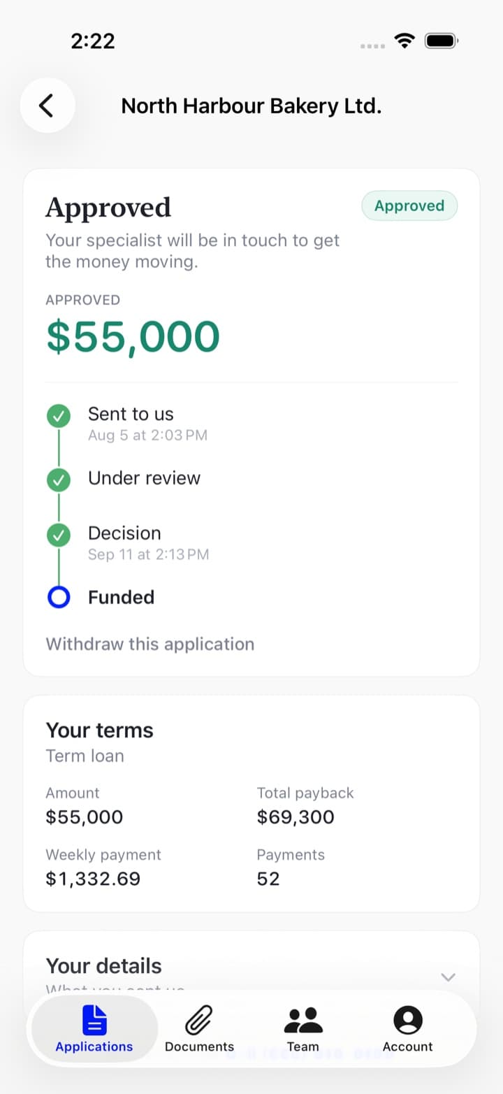 An approved application in the Spark iPhone app, showing the approved amount and a tracker.