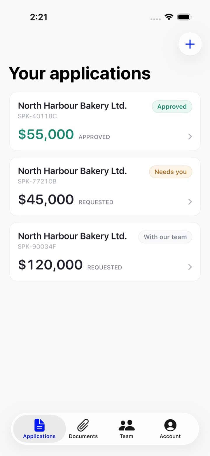 The Applications tab of the Spark app, with a plus button at the top right for starting a new application.