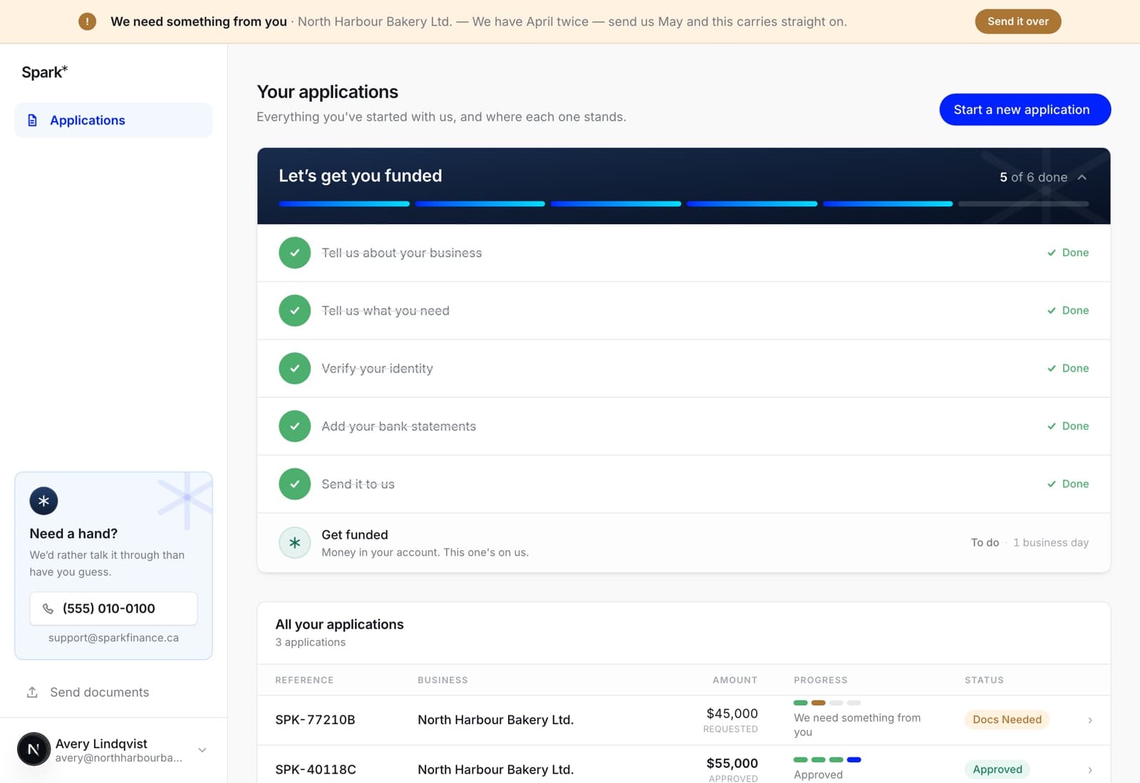 The applications list with several applications for the same business at different stages, and a Start a new application button at the top right.
