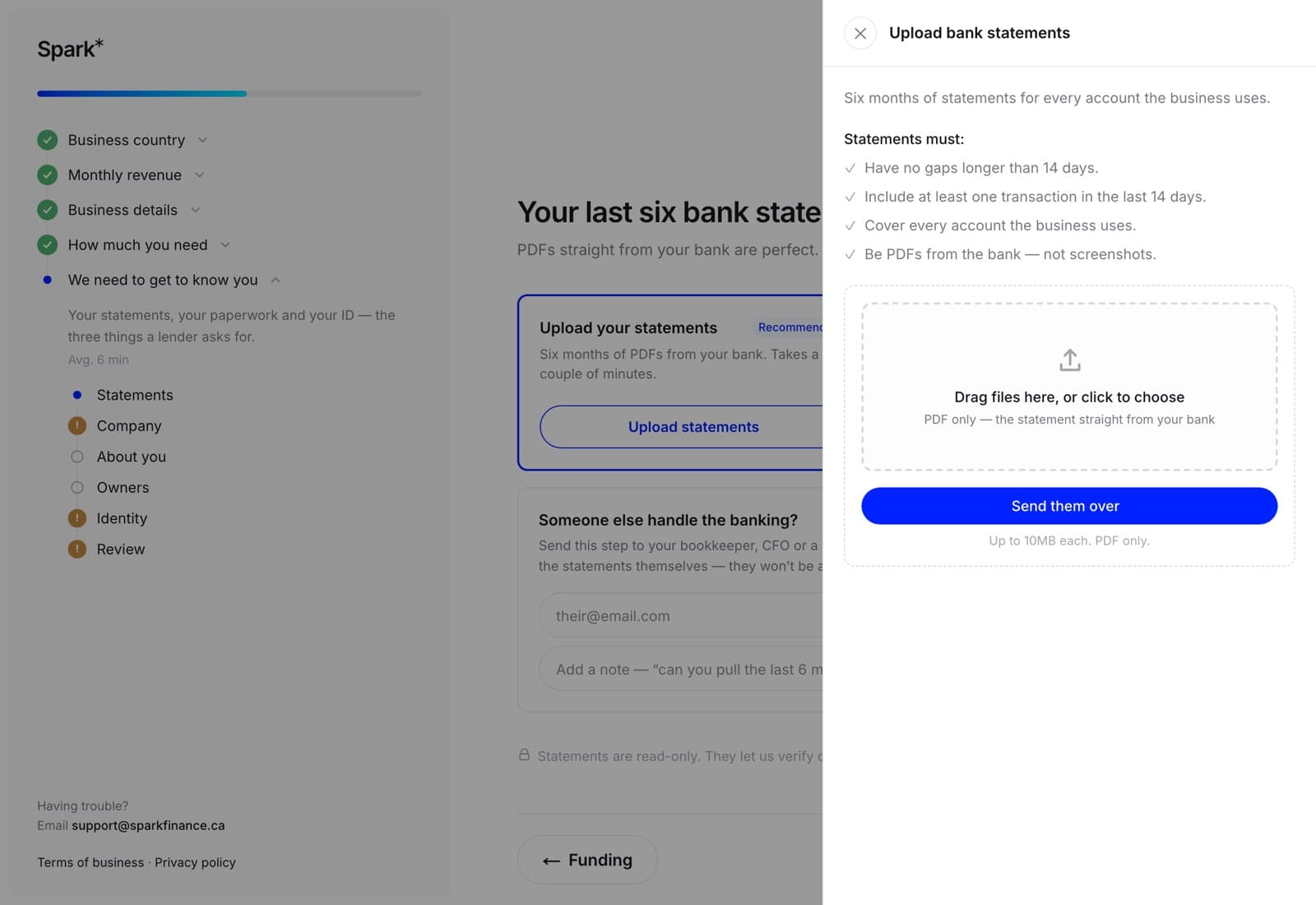 The upload drawer for bank statements, with a dashed drop zone reading drag files here or click to choose, PDF only, the statement straight from your bank.